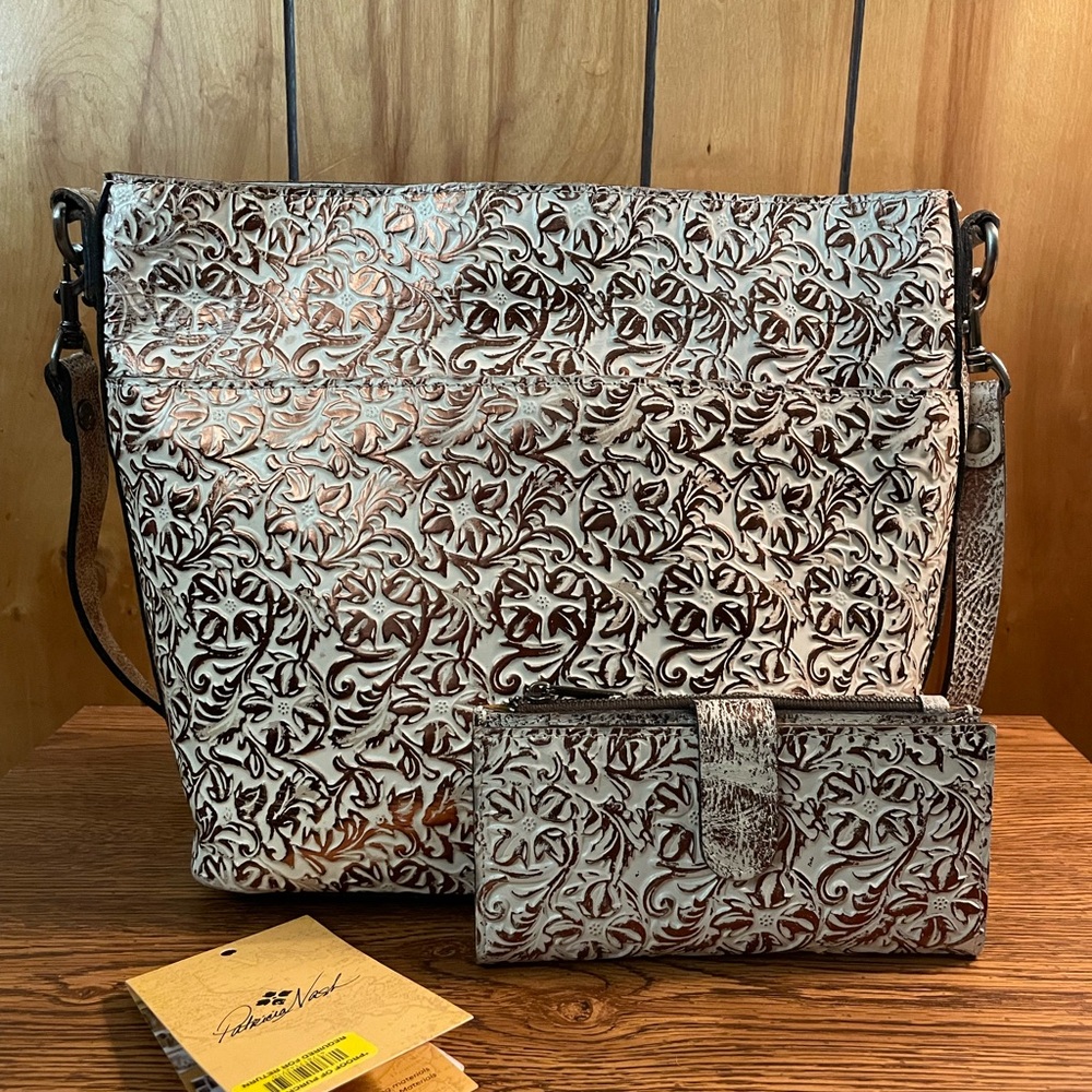 Patricia Nash Cream and Bronze Foil Embossed Shoulder Bag with Wallet